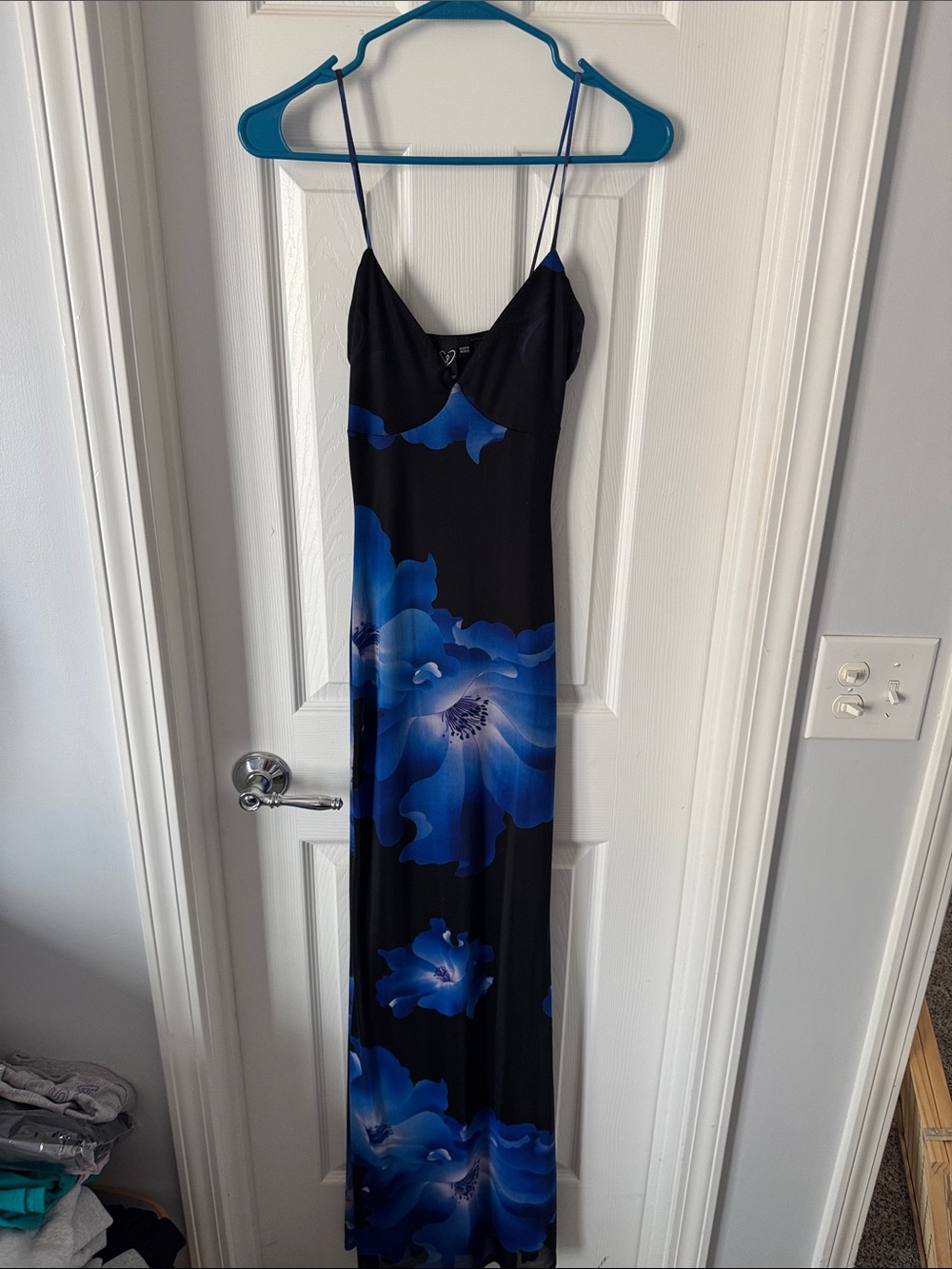 Windsor Black Maxi Slip Dress with Blue Floral Print
